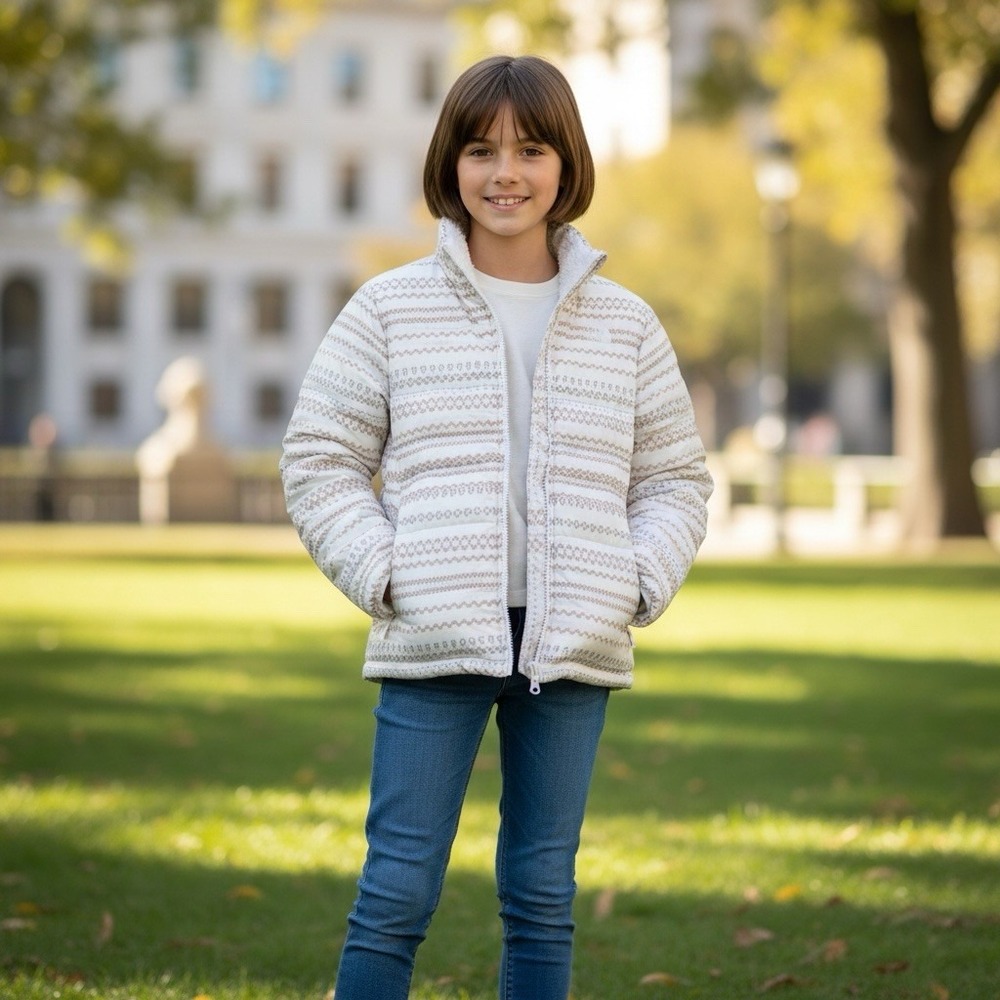 The North Face Mossbud Swirl Jacket Girls M Beige Fair Isle Faux Fur Reversible